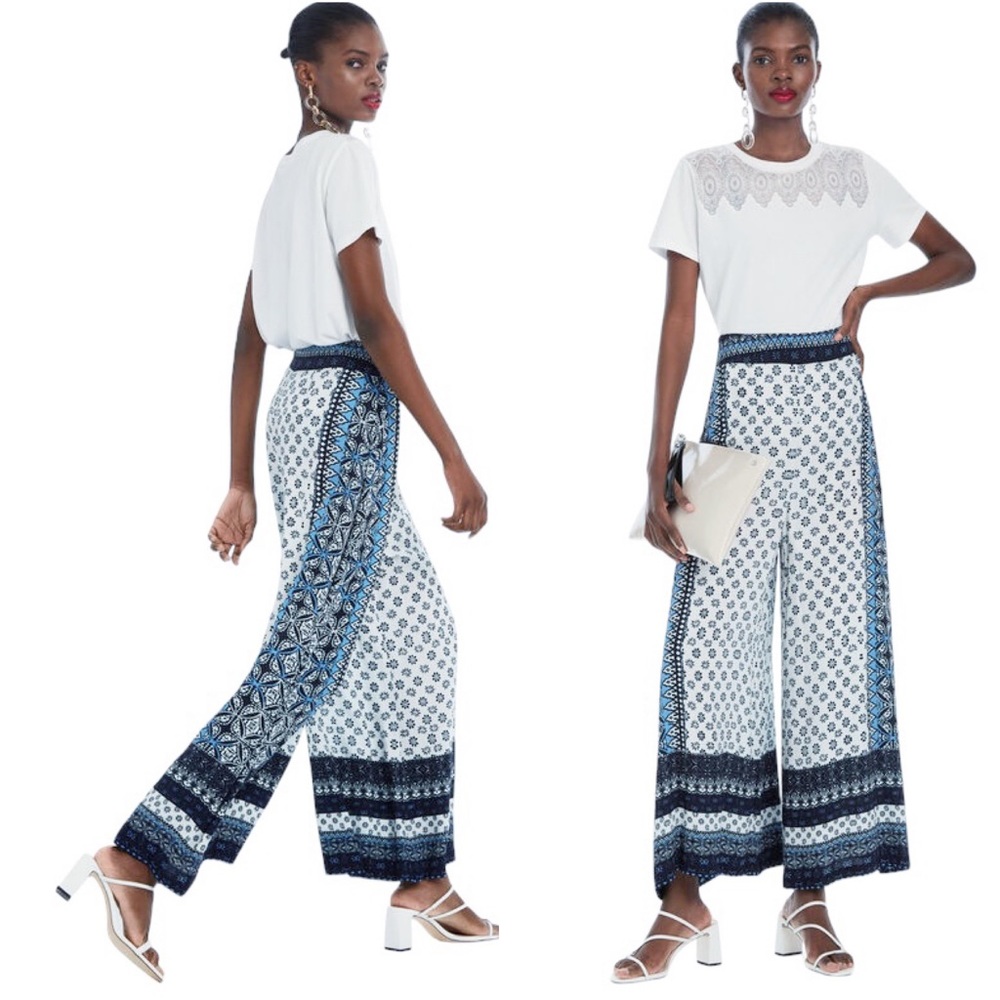 Desigual | Art 'n' Craft Marian Wide-Leg Trousers in Egret Blue White Size 40/6